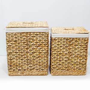 Natural Water Hyacinth Laundry Hamper Handwoven <b>Storage</b> <b>Basket</b> with Lid Set - Product Image 2