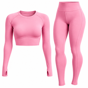 Custom Womens Eco-Friendly 2 Piece Yoga Set Long Sleeve Crop Top High <b>Waist</b> <b>Leggings</b> Recycled Polyester Gym Fitness Set - Product Image 5