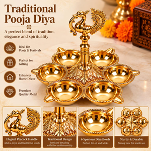 Lámpara de aceite de latón con forma de pavo real y 6 cuencos, decoración tradicional hindú para Puja, para el festival Diwali, culto en templos y regalos religiosos - Product Image 3