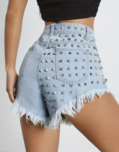 Women's High <b>Waist</b> Light Blue Denim Shorts Distressed Frayed Hem Rivet Punk Jean Shorts - Product Image 6