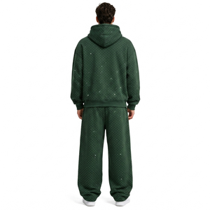 Full-Zip Men's All Over Rhinestone Tracksuit with Hooded <b>Jacket</b> and <b>Straight</b>-Leg Baggy Pants Soft Heavy Fabric Streetwear Set - Product Image 3