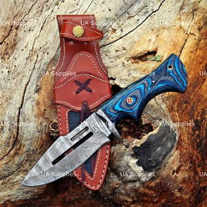 Cuchillo de Caza para Exteriores UA Supplies, Hoja Fija de Acero de Damasco Forjado a Mano de Grado Industrial, Punta Caída de 0.5mm de Grosor, Mango Azul, OEM - Product Image 5