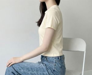 <b>Women's</b> <b>Cream</b> Crew Neck Short Sleeve Fitted Crop Top Solid Color 100% Cotton Summer <b>T</b>-<b>Shirt</b> Breathable Plain Dyed Style - Product Image 3