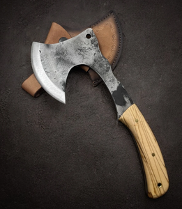 Hacha de campamento de acero forjado artesanal con espiga plana, mango de madera noble y funda de cuero genuino - Herramienta industrial de supervivencia para bricolaje - Product Image 1