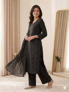 Premium Mal Chanderi Palazzo Suit Set for Women with Hand Mirror Work <b>Sequins</b> Embroidery and Organza Dupatta - Product Image 2