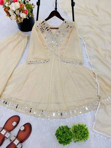 Elegant Beige Mirror Work <b>Kurta</b> Sharara Set with Dupatta | Designer Ethnic Wear Suit for <b>Women</b> | Festive Wedding Party Wear - Product Image 5