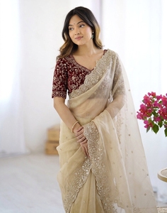 AARA Fashion Elegante Sari de Seda Beige con Blusa Bordada en Rojo para Bodas y Ocasiones Especiales, Sari Tradicional Largo hasta el Suelo para Mujer, India, Pakistán - Product Image 2