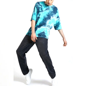 T-shirt à manches courtes pour homme de haute qualité, surdimensionné, tie-dye, col rond, tricoté, décontracté, motif bleu-vert, en coton - Product Image 5