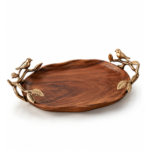 Plateau de service rond en bois de luxe avec poignées dorées, artisanal en bois de manguier, décoratif avec feuille de Ginkgo, plateau à bords ondulés - Product Image 4