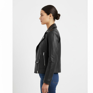 Veste moto en cuir véritable pour femme, col montant, fermeture éclair, manches longues, style automne, couleur unie, coupe classique - Product Image 4