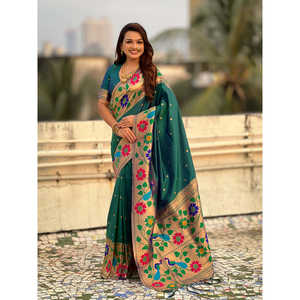 ผ้าไหมพายทานีสีเขียวทอลายซารี พร้อมขอบใหญ่ เสื้อผ้าอินเดียและปากีสถาน - Product Image 6