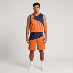 Ensemble d'uniformes de basketball orange et marine pour hommes, impression par sublimation, polyester respirant, tenue d'équipe pour adultes - Product Image 4