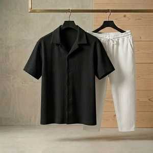 Ensemble décontracté 2 pièces pour homme en maille côtelée 320g : Chemise à col campiste à manches courtes et pantalon à cordon de serrage – Vente en gros OEM/ODM – Tenue d'été - Product Image 3