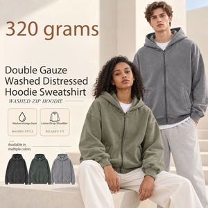 Sudadera con Capucha y Cremallera Unisex OEM de Algodón Puro 320G Lavado y Desgastado, Estilo Casual Urbano para Otoño e Invierno - Product Image 1