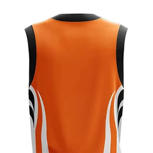 Ensemble de maillots et shorts de basket-ball personnalisés pour équipe, orange et noir, unisexe, avec bordure noire, sans manches, séchage rapide, respirant, 100% polyester - Product Image 5