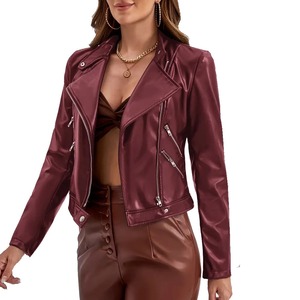 Veste moto en cuir PU bordeaux pour femme, manches longues, fermeture éclair, col rabattu, longueur courte, couleur unie, style automne - Product Image 2