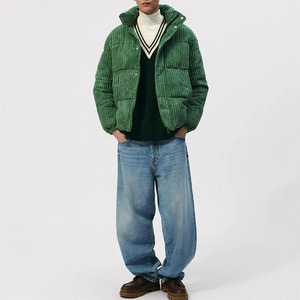 <b>Men's</b> <b>Corduroy</b> Puffer <b>Jacket</b> Stand Collar Zipper Closure Windproof Thick Winter Casual Coat Regular Length Loose Fit - Product Image 1