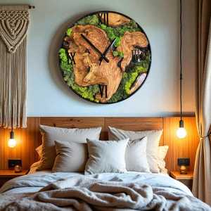 Olive Wood Clock with Real Moss Handmade Rustic Nature Wooden Moss Wall Clock Handmade Nature-Inspired Wall Decor Collection - Product Image 2