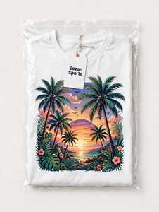 เสื้อยืดคอกลมแขนสั้นผ้าฝ้ายพิมพ์ลายต้นปาล์มสีขาวสำหรับผู้ชายทรงปกติ น้ำหนักเบา ลายกราฟิกทรอปิคอล - Product Image 6