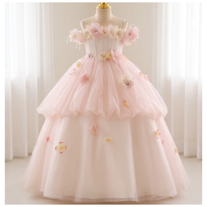 TutuPetti Wholesale Blush Pink Off-Shoulder 3D Floral Tulle Ball Gown <b>Long</b> Flower <b>Girl</b> <b>Dress</b> OEM High Quality From Vietnam - Product Image 1