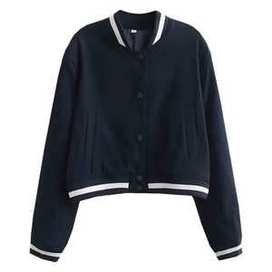 Women's Navy Blue Knitted Crop <b>Jacket</b> Full Sleeve O-Neck Button Closure Solid Color Contrast Trim Casual Outerwear - Product Image 1