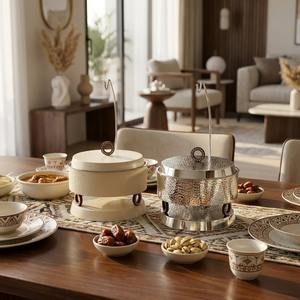 Plat de service de luxe en acier inoxydable martelé avec couvercle suspendu et accents en bois pour buffets, traiteurs et services de mariage - Product Image 1