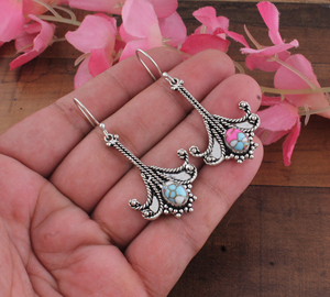 Boho 925 Sterling <b>Silver</b> Cotton Candy Turquoise Composite Gemstone Engagement Luxury Earrings Handcrafted Fan <b>Wire</b> Scroll Dangle - Product Image 4