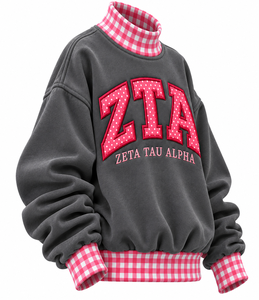 Premium Women’s Oversized Mock Neck Pullover Custom Gingham Embroidery Patchwork Drop Shoulder <b>Fleece</b> <b>Sweatshirt</b> - Product Image 5
