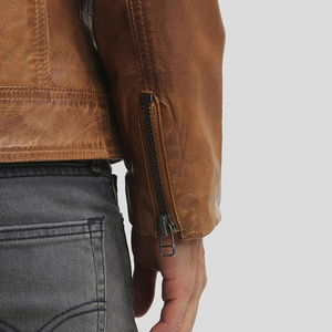 Veste en cuir véritable pour homme, marron, fermeture éclair, col rabattu, style décontracté, automne, coupe ajustée, longueur standard - Product Image 5