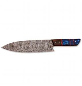 Cuchillo de Cocina Artesanal de Acero de Damasco con Resina Azul Voluteada y Mango de Madera - Product Image 1