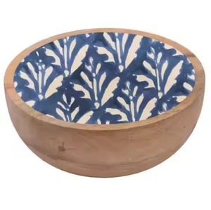 Tazón para ensalada de madera maciza rústica con estampado de hojas en esmalte, plato ecológico para servir frutas, para hoteles, bodas, decoración de mesa. - Product Image 1