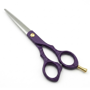 Ciseaux de barbier professionnels en acier inoxydable avec manche en plastique texturé violet et vis de tension dorée - Product Image 1