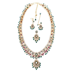 Ensemble de collier semi-nuptial en perles Kundan avec boucles d'oreilles en pierres précieuses - Bijoux fins - Product Image 2