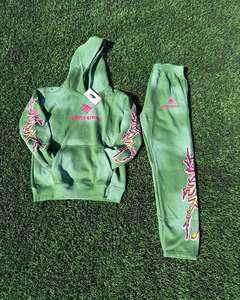 Conjunto de Sudadera con Capucha y Pantalones Jogger de Felpa Gruesa con Logotipo Personalizado, Estilo Vintage Desgastado, Color Verde Lavado Ácido, para Hombre - Product Image 1