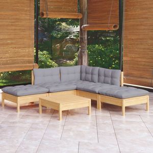 Set da salotto in legno di pineta con cuscino grigio da 6 pezzi per il relax in giardino - Product Image 1