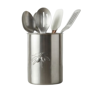 Porte-ustensiles cylindrique en métal avec motif feuille d'olivier en relief, organisateur de rangement pour couverts de cuisine, résistant à la rouille - Product Image 3