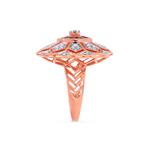 Bague en or rose 18 carats avec diamants, bague de cocktail florale de luxe en or rose avec halo de rubis et diamants pour femme, bijoux fins pour anniversaire de mariage - Product Image 3