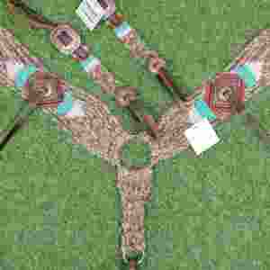 Conjunto de cabezada y pechera de mohair beige turquesa rojizo, 32 pulgadas de longitud frontal, colores personalizables, hecho a mano con cuero argentino. - Product Image 4