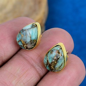 Natural <b>Green</b> Copper Amazonite Pear Shape Gemstone Stud <b>Earring</b> 18k Gold Micron Over 925 Sterling Silver - Product Image 3