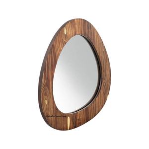 Mid Century Modern Irregular Shape Wooden Wall <b>Mirror</b> <b>Frame</b> With Brass Inlay - Product Image 1