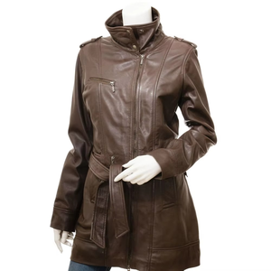 Women's Brown Genuine Leather Moto Jacket Full Sleeve <b>Stand</b> Collar Zipper Closure Long Length Windproof Autumn Wear - Product Image 1