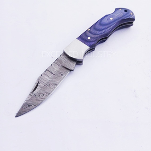 <b>Back</b> Lock Handmade Damascus Steel DIY Multifunctional <b>Drop</b> Point Folding Knife Pakka Wood Handle with Leather Sheath - Product Image 5
