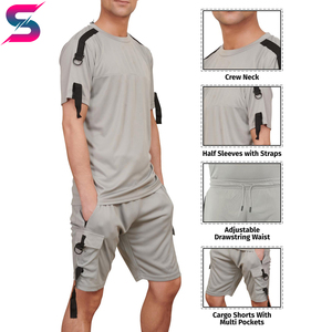 Conjunto de Camiseta de Manga Corta y Pantalones Cortos Cargo para Hombre, Diseño OEM ODM, Estilo Casual de Verano, Color Gris, Tejido de Secado Rápido, Cuello Redondo, Color Sólido, Ropa para Exteriores - Product Image 6