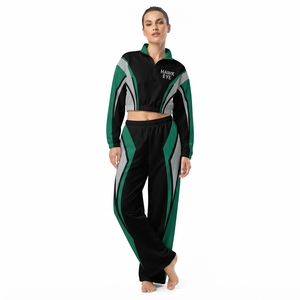 Conjunto Deportivo para Mujer, Dos Piezas, Top Corto con Cierre y Bloques de Color, Pantalones Anchos, Fabricante OEM, Personalizado - Product Image 3
