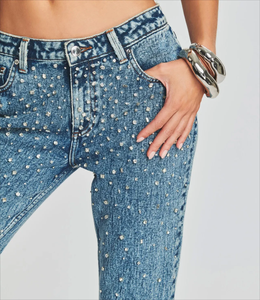 Jean en denim évasé taille haute pour femme, longueur intégrale, en coton délavé, orné de perles, coupe ample, style vintage, pour le printemps et les tenues décontractées - Product Image 4
