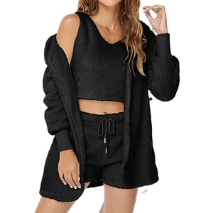 3 Piece Women Outfits Sets <b>Plush</b> Velvet Hooded Cardigan Coat Shorts Pants Crop Tops Tracksuits Warm Casual Sweatshirts - Product Image 3