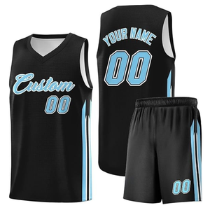 Conjunto de Uniforme de Baloncesto Personalizado, Negro y Azul Claro, Sublimado, Cuello en V, Sin Mangas, Malla Transpirable, Unisex, Adulto, Todas las Temporadas - Product Image 4