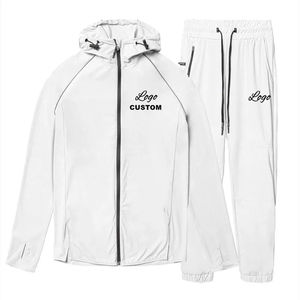 Unisex Sporty Streetwear Tracksuit Set White Full <b>Zip</b> <b>Hooded</b> Jacket Side Pockets Lightweight Quick Dry Polyester Autumn Wear - Product Image 1