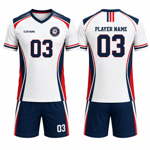 Ensemble d'uniformes de volley-ball personnalisés blanc, marine, rouge, respirant, léger, durable, unisexe adulte, maillot et short d'équipe numéro 03, 100% coton - Product Image 1