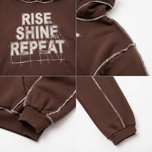 <b>Drop</b> Shoulder Distressed Embroidered Hoodie French Terry Sweatpants Set Outer Seam Pullover Fleece Hood Winter Jogger Track Set - Product Image 6